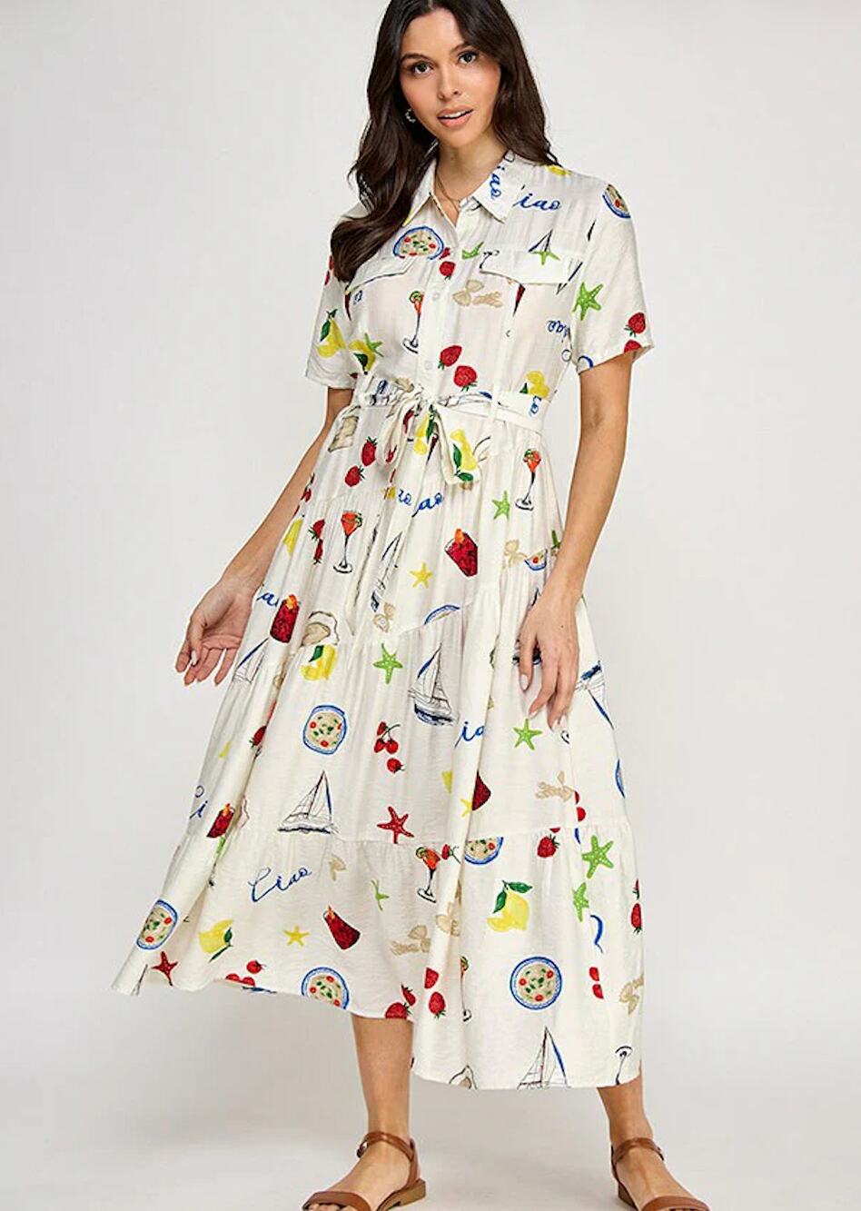 Milk & Honey Printed Button Front Belted Short Sleeve Midi Dress Size Small